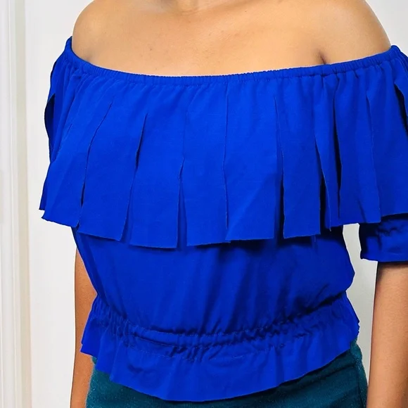 Off-Shoulder Blue Ruffle Top - Picture 1 of 10